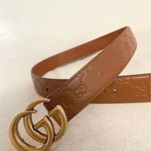 Gucci Brown Embossed Leather Marmont Belt Unisex with Gold Double G Buckle